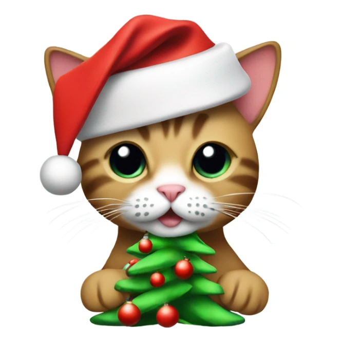 Cat wearing Santa hat holding a Christmas tree sticker