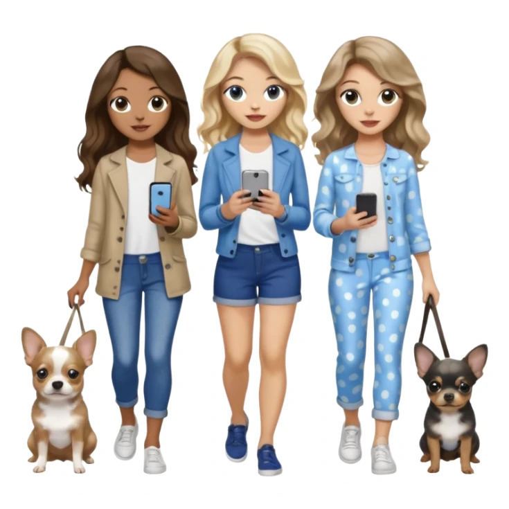 Three pretty women in cute summer clothes holding iPhone, hazel eyed light skin with dark blonde long hair and light skin hazel eyed long wavy dark hair, blue eyed light skin long blonde hair walking 2 dogs,blue and gray spotted Merle Frenchie, black and tan chihuahua  sticker