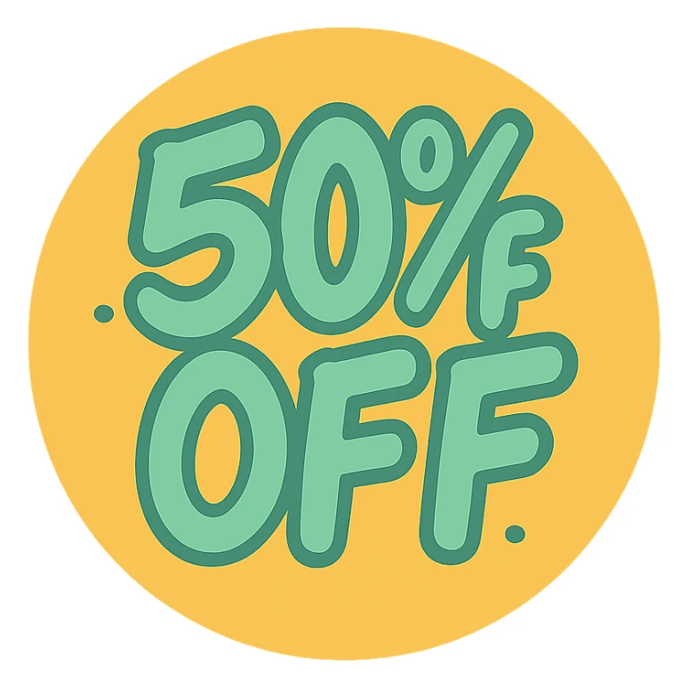 Round label with lettering 50% off with graffiti style  sticker