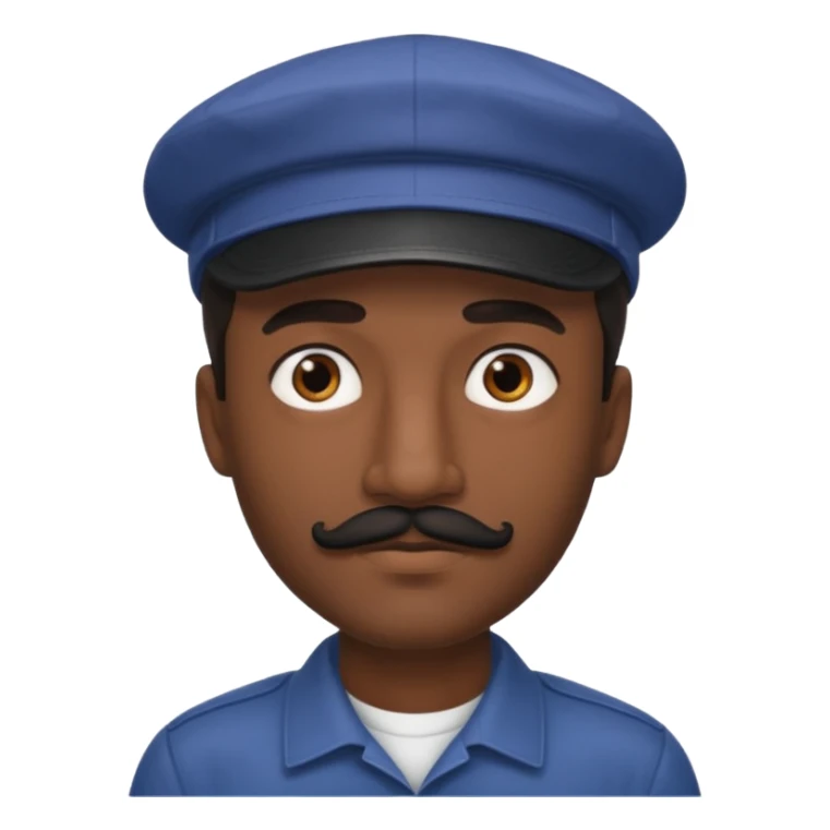 A dark-skinned man with a cap, brown eyes, and a thin black mustache. sticker