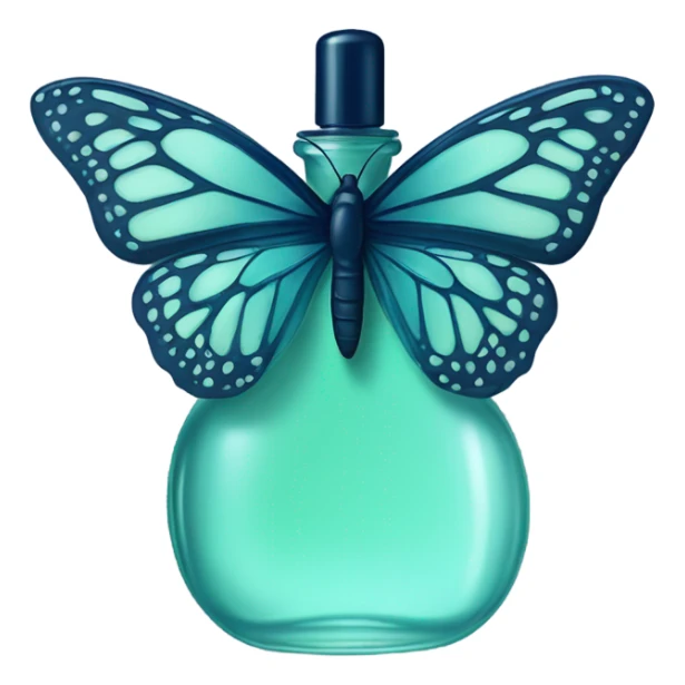  pastel green butterfly resting on an elegant blue perfume bottle with fork dark blue details. sticker
