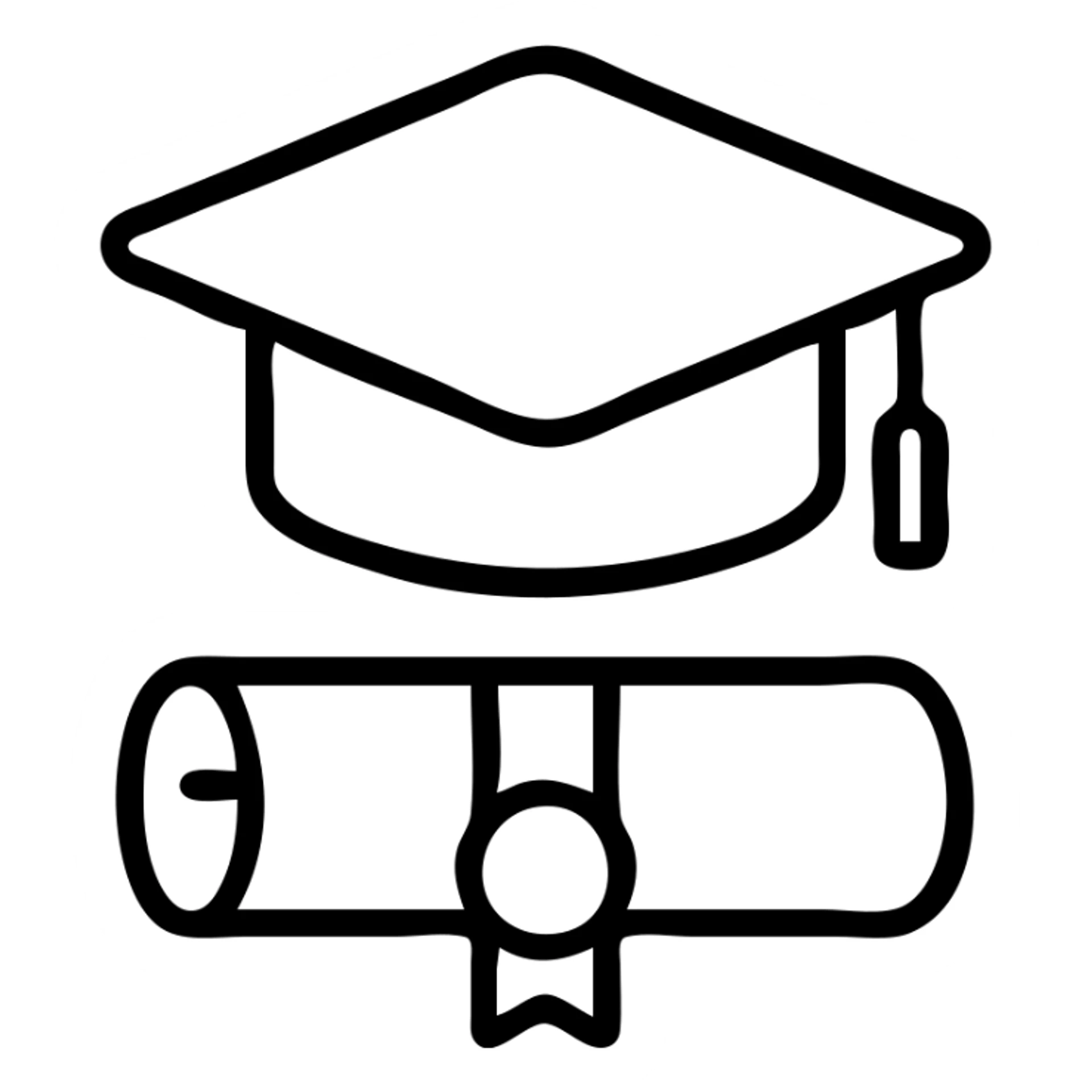 a graduation cap and diploma, outlined icon style sticker