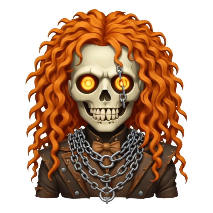 steam-punk Megadeth - iconic corpse made of rusty metal with chains on its teeth, huge curly orange hair sticker