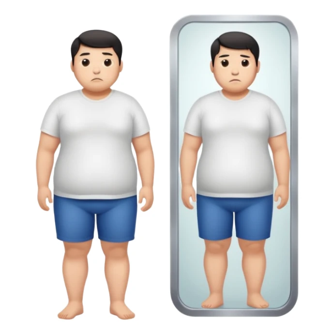 A young Asian guy looks sadly at his overweight body in the full-length mirror. sticker