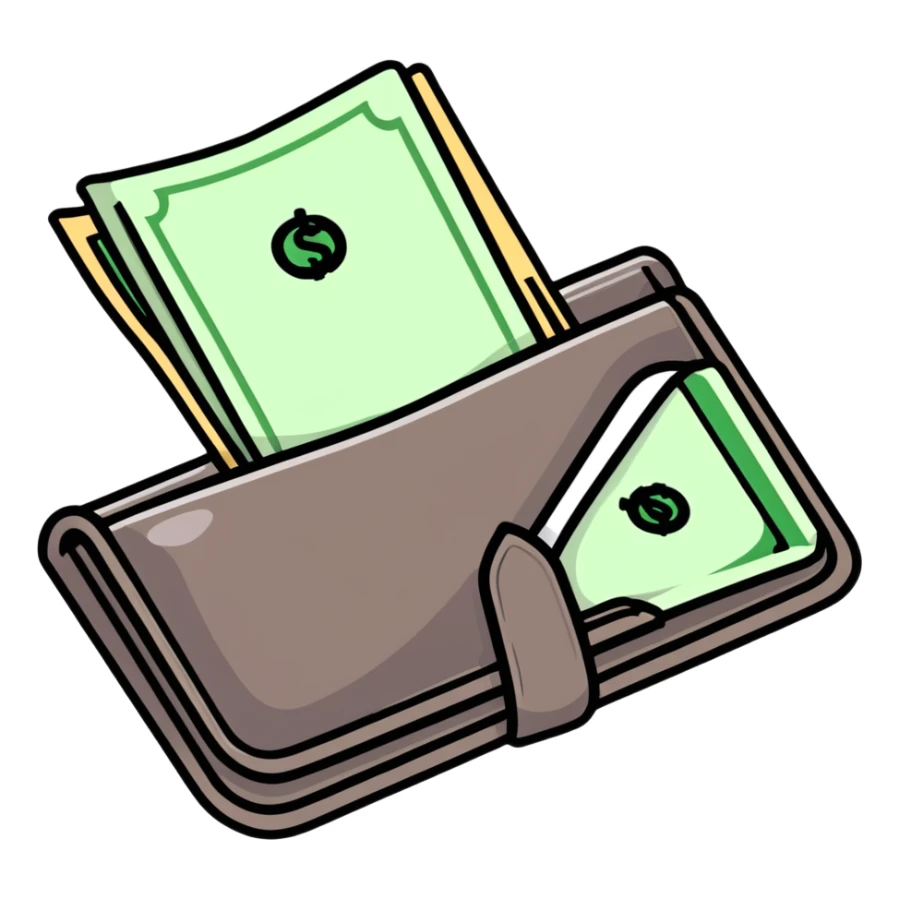 black leather wallet open with dollar bills inside and a small analog clock in top right corner floating above the wallet sticker