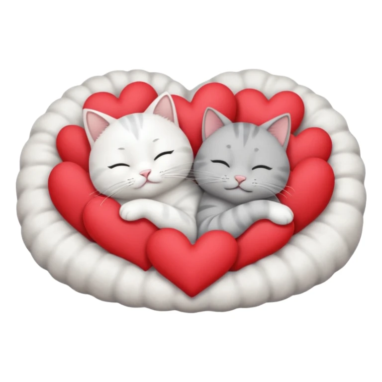 White cat and gray cat sleeping together in a bed full of hearts sticker