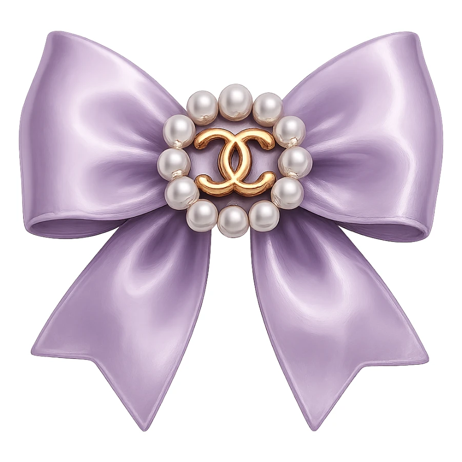 Remove the background, keep only the elegant bow with pearls and gold Chanel logo, glossy, pastel colors, realistic style, with no background. purple sticker