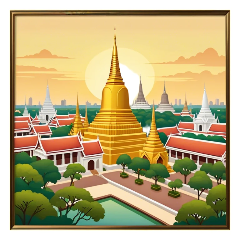 ​Cinematic Realistic Nakhon Pathom, Thailand, depicted as a historic cityscape dominated by the iconic Phra Pathom Chedi, surrounded by lush gardens, bustling local markets, and traditional Thai architecture, bathed in warm golden light and rendered with rich textures that capture its cultural and historical significance, sticker