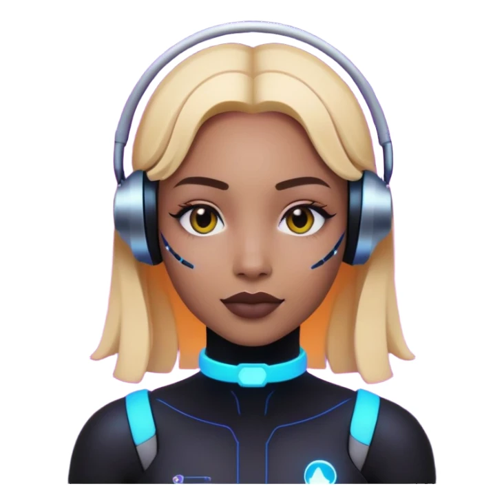Generate an emoji of "LAINEY," an advanced AI assistant. The background should be dark as deep space and there should be a flat neon grid over the space with Laney's head and face piercing through the grid. Half of her face is human. The other half is digital blending in with the grid. sticker