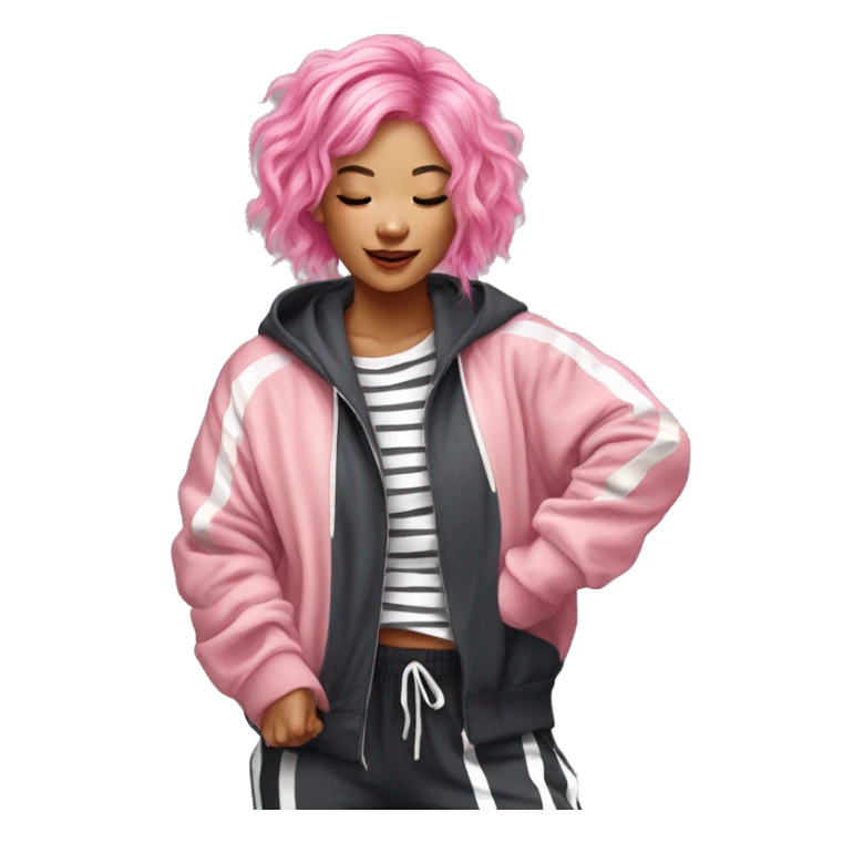 dancing-pink-haired-Asian-girl-oversize-tracksuit- and striped shirt sticker