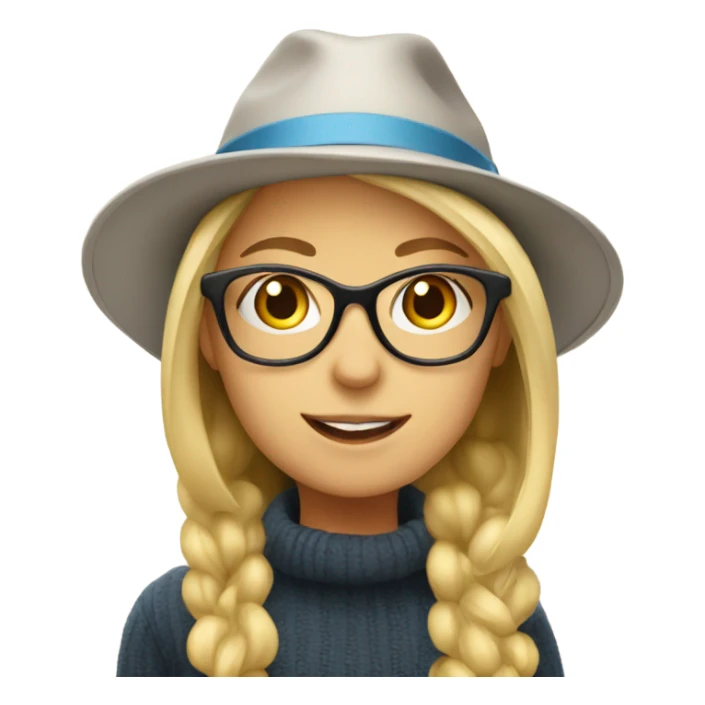 blonde girl with glasses indoors and hat sticker
