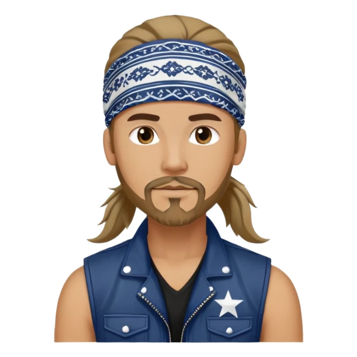 Guy wearing navy blue and white patterned bandana as a headband with goatee and long hair atop his head in ponytail, wearing white tshirt with black biker vest sticker