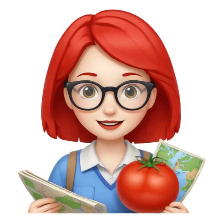 nerdy girl tomato character holding a map, with glasses, long eyelashes, cheerful expression sticker