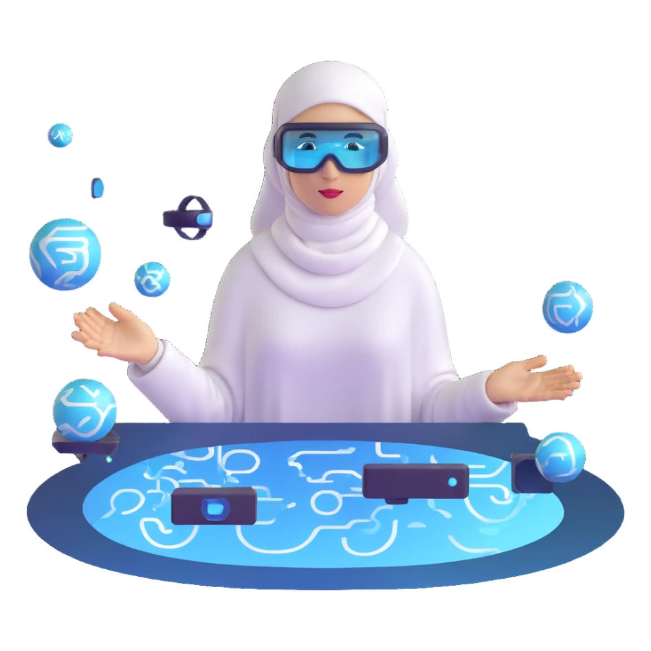 computer engineer with white hijab wearing AR glasses or VR headset, immersed in augmented reality, surrounded by floating metaverse elements, digital codes, virtual machines, tech graphics sticker