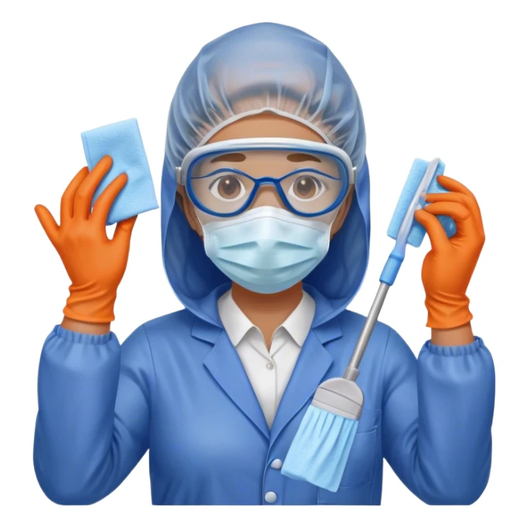 A meticulous cleanroom worker dressed in full protective gear, including a blue sterile suit, a face mask,  and orange gloves.  cleaning glasses with a wipe sticker