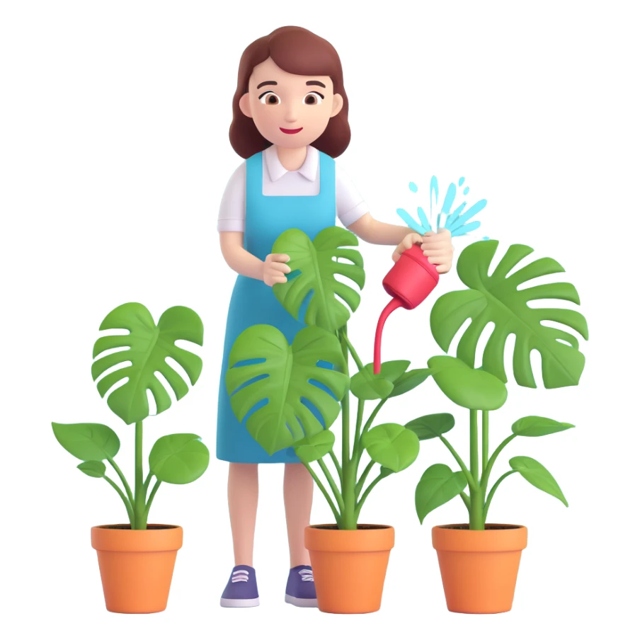 woman watering her monstera plant sticker