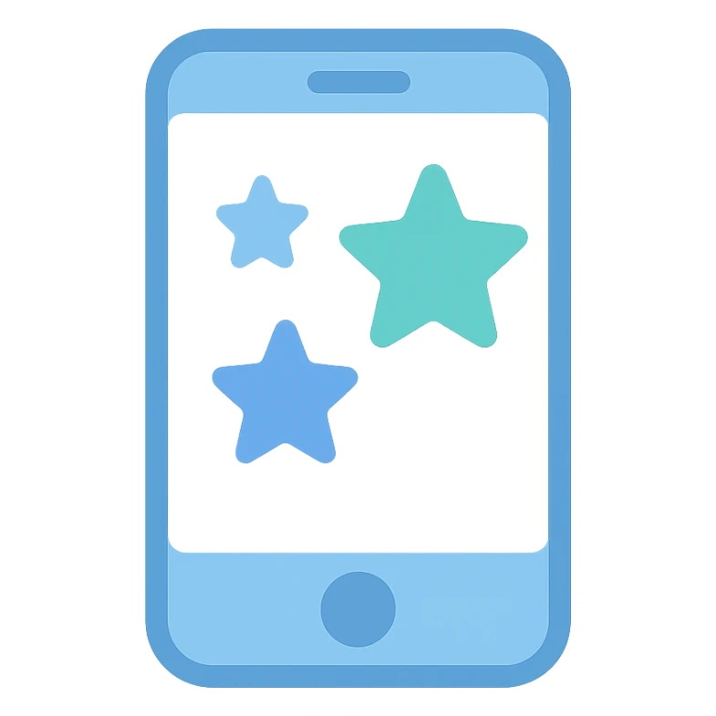 Smartphone icon with three stars inside the screen, flat emoji style, outline with blue and turquoise colors, white background sticker
