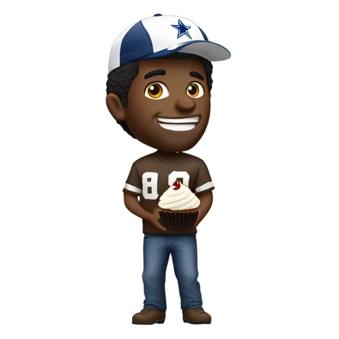 white guy with dark hair wearing a cowboys football hat while holding a cupcake with a grimacing grin on his face sticker