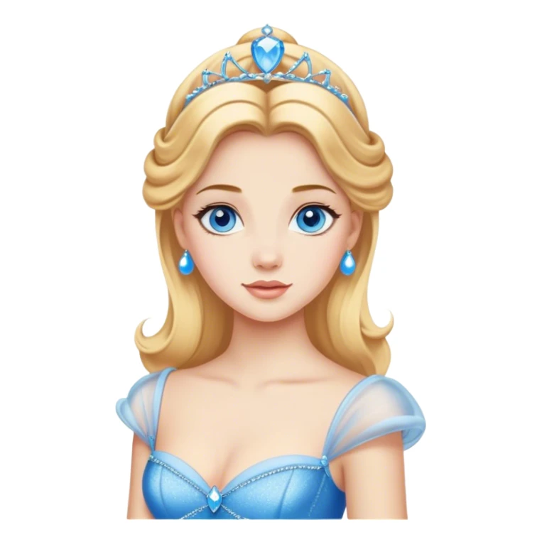 Cinematic Realistic Comical Cinderella Portrait, with every detail rendered realistically—from the soft, smooth texture of her fair skin to her artfully styled golden-blonde hair. Her bright blue eyes are wide with playful disbelief, and her expression carries a touch of whimsical humor while retaining elegant poise. Her classic ball gown, detailed with rich fabric textures and natural shadows, catches the light in a way that blends refined beauty with a hint of cheeky mischief, creating a striking, lifelike portrayal. sticker