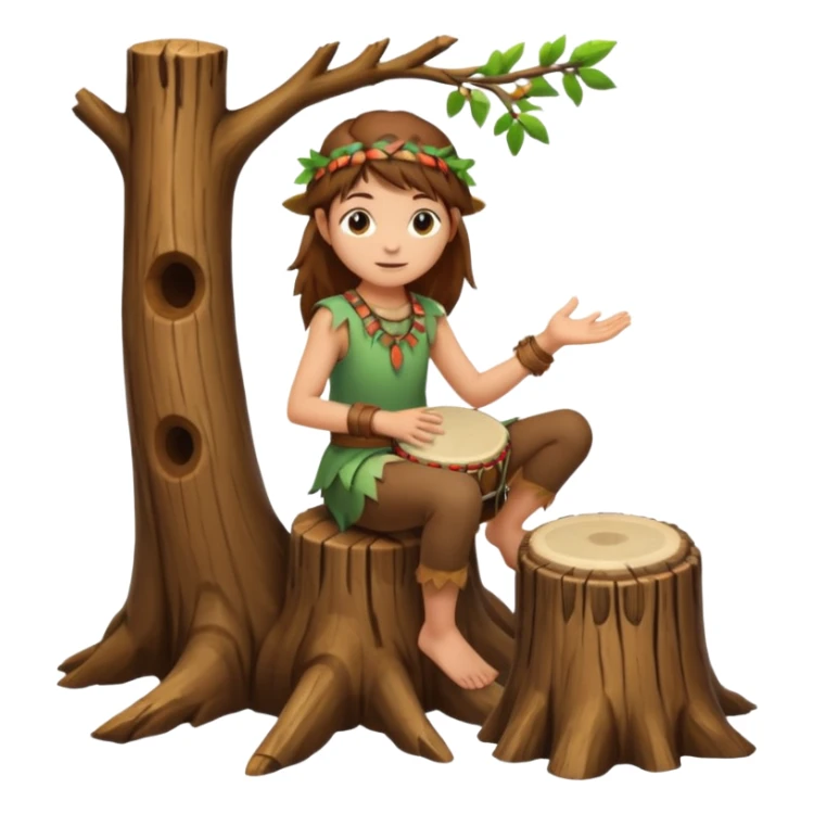 forest spirit girl with short brown mullet playing hand drum, sitting on tree stump sticker