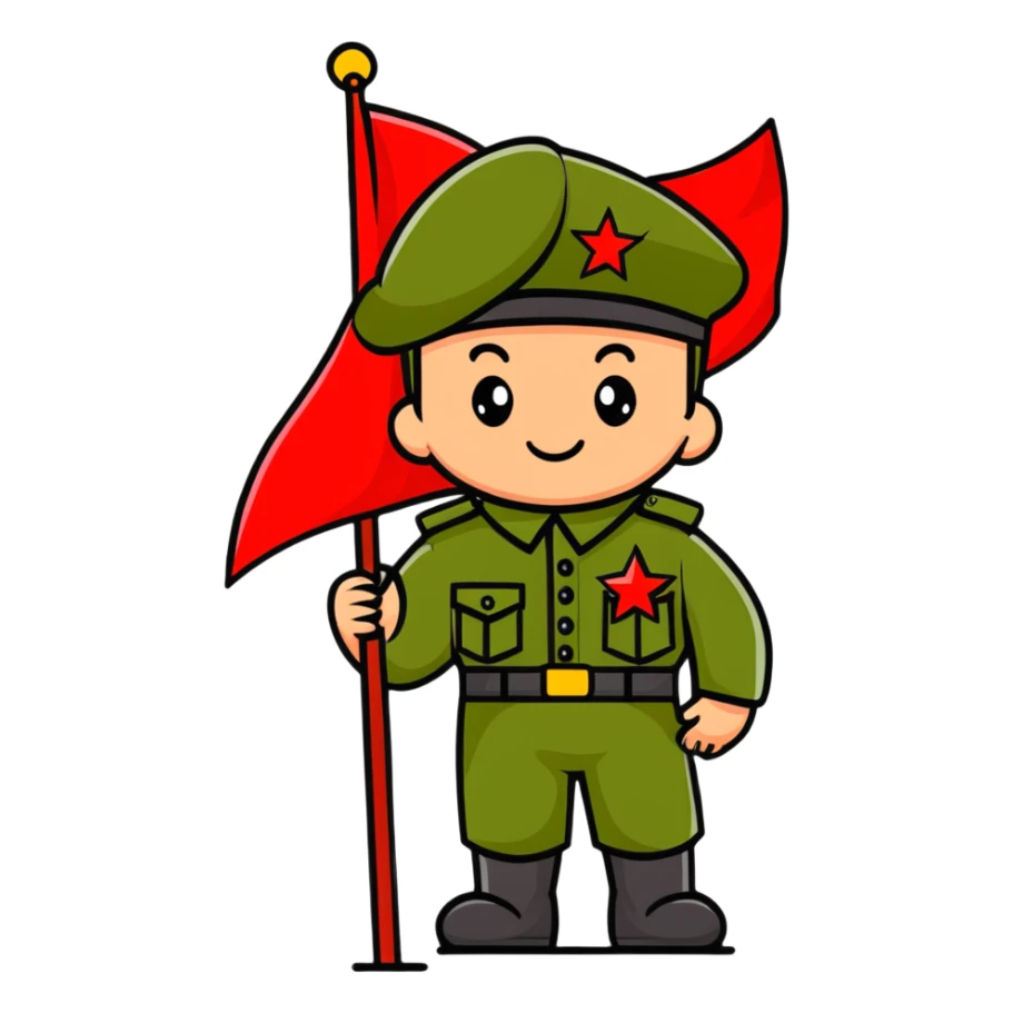 military boy in Soviet green uniform holding a red flag with "9 мая" sticker