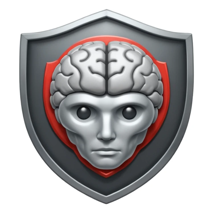 Minimal flat icon of a shield combined with a human brain, symbolizing self-control and mental discipline. Monochrome, premium style, high contrast, no text, dark theme friendly. sticker