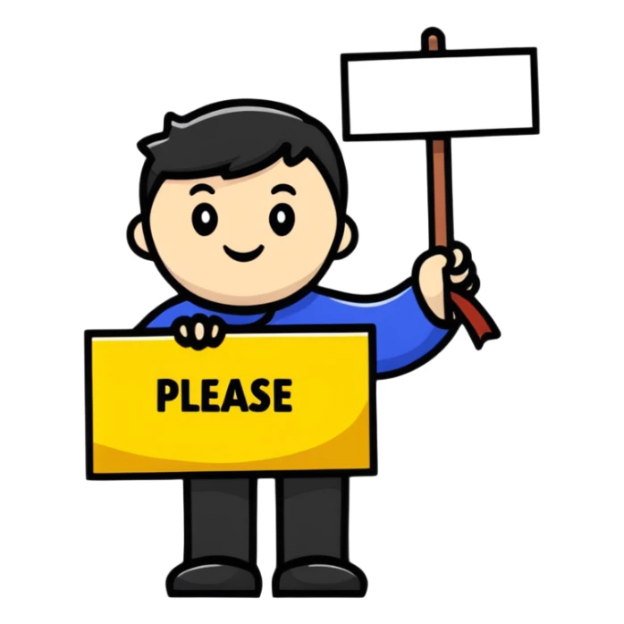 Character holding a sign that says please and thank you sticker