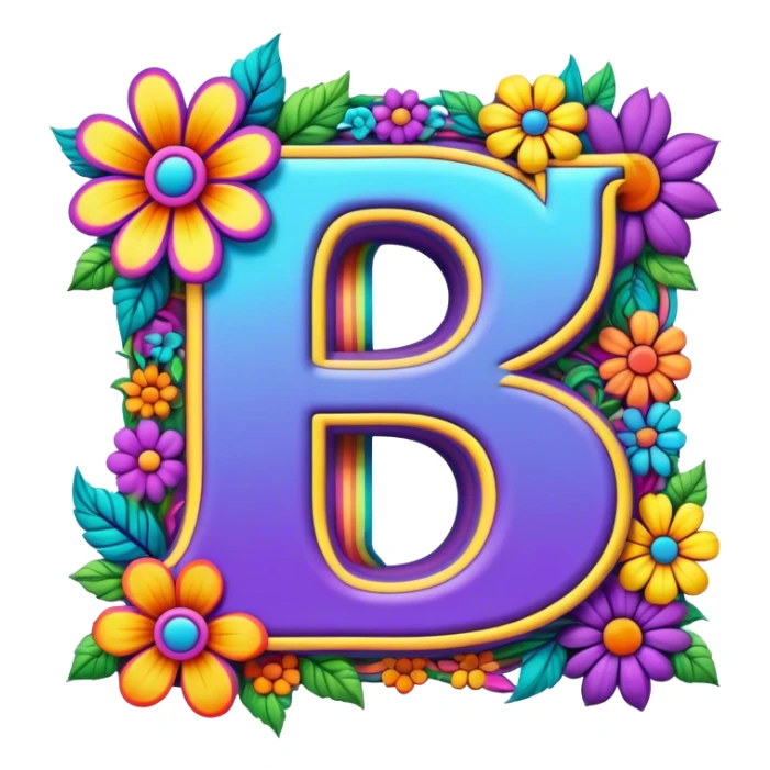3D, gothic style psychedelic colored Letter “D” with hippie style flower border sticker