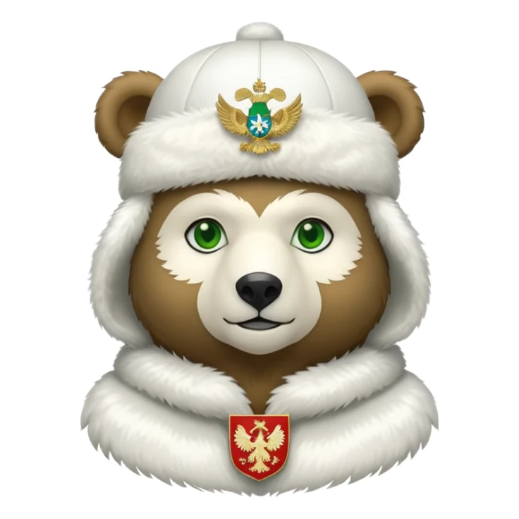 Cute stylized bear with green eyes, white fur hat with basic Russian coat of arms featuring double-headed eagle, minimalist iOS emoji style sticker