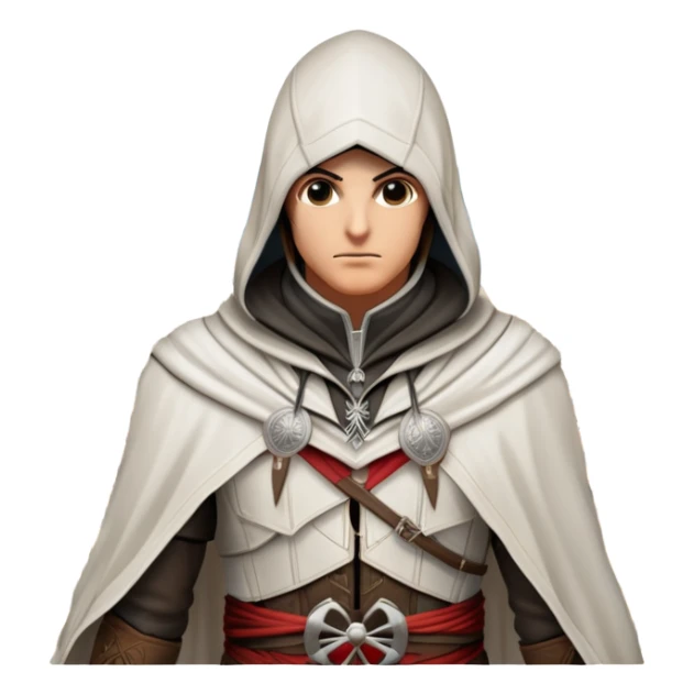 icon featuring Assasin's Creed in an iconic assassin's hood, standing tall against the backdrop of Florence. The design captures the essence of adventure, with intricate details of historical architecture and a sense of mystery. The character is poised, ready for action. transparent background. sticker