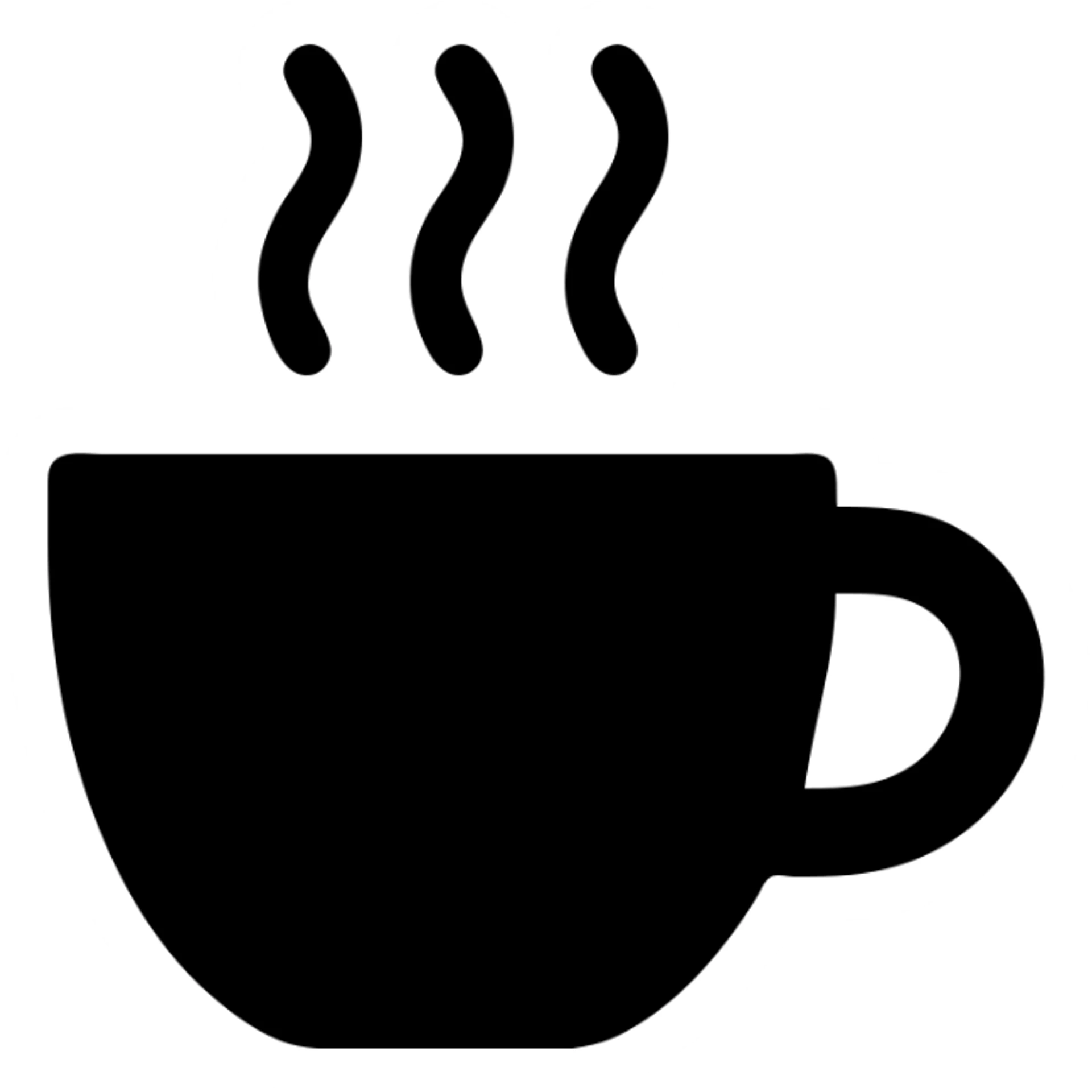 solid black filled icon of a coffee cup, minimal and bold sticker