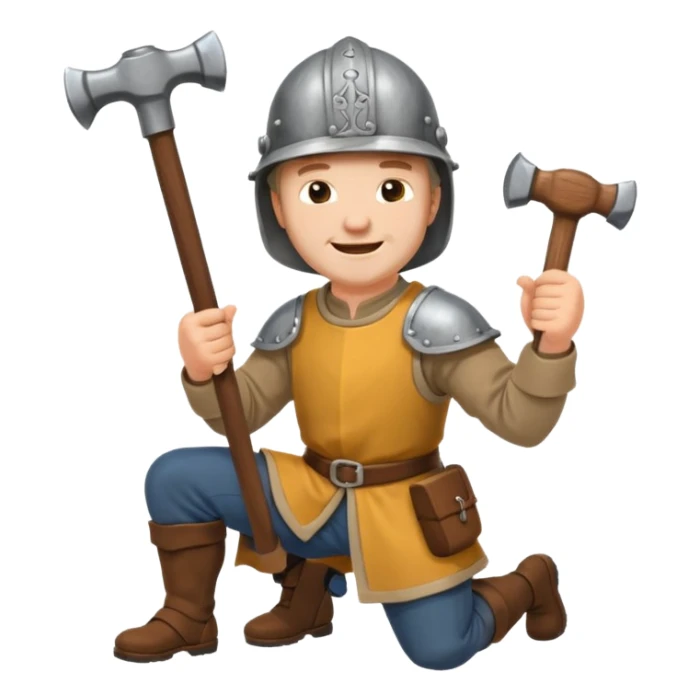 a happy medieval white man with a helmet kneeling and knocking with a hammer sticker