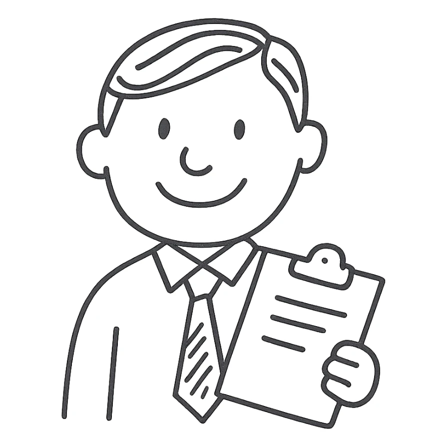 recruiter emoji, hand drawn black outline, smiling, holding a clipboard sticker