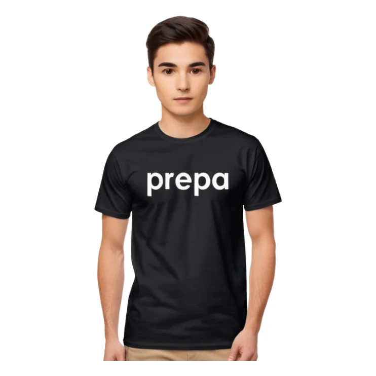 black short-sleeve T-shirt with the words “prepa udem” printed in small white text on the chest. The shirt has a simple, casual fit and a clean, minimalist look. sticker