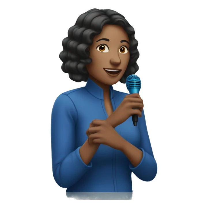 A woman with a blue mic doing thé v with her fingers sticker