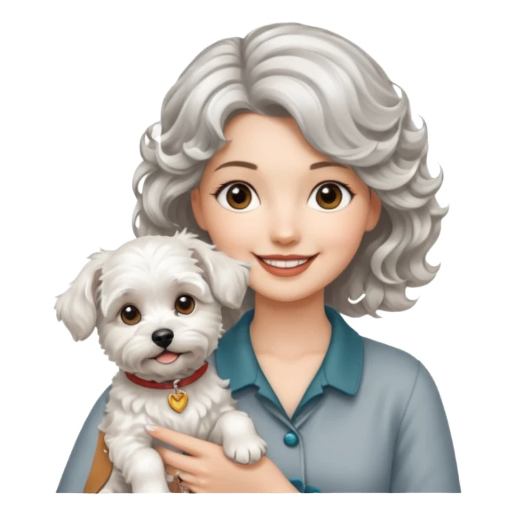 silver, short, wavy-haired with loose curls, smiling pretty lady holding a westie dog and a lhasa apso dog sticker