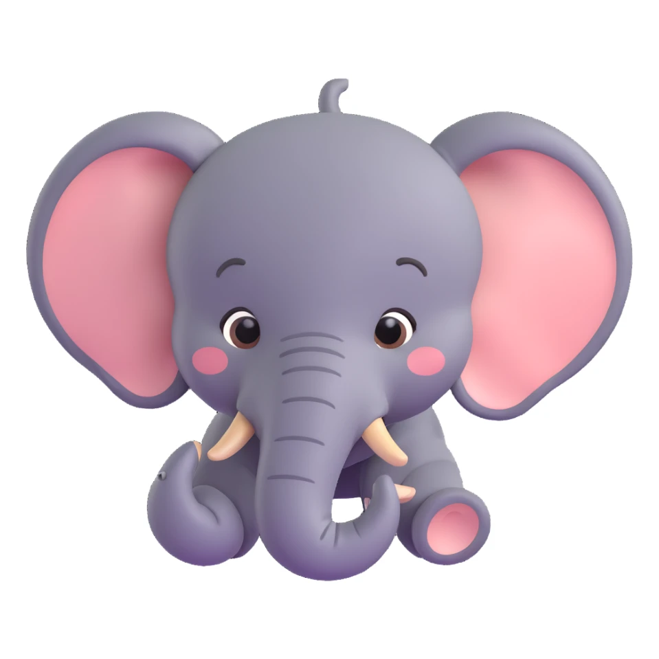 3D emoji style elephant face, side view, trunk curled up, simple and cute sticker