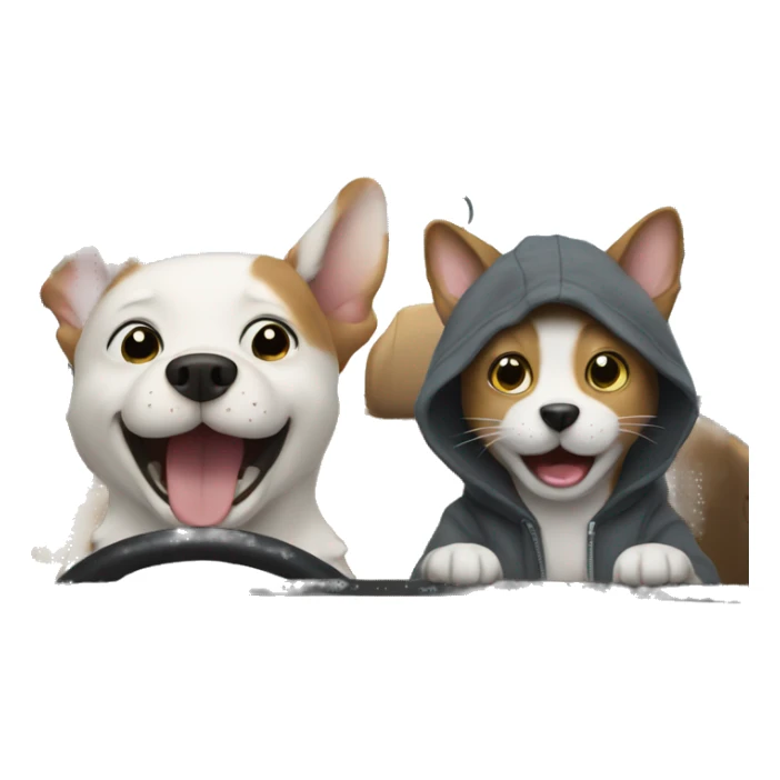 Dog wearing a hoodie laughing at a cat in a car sticker