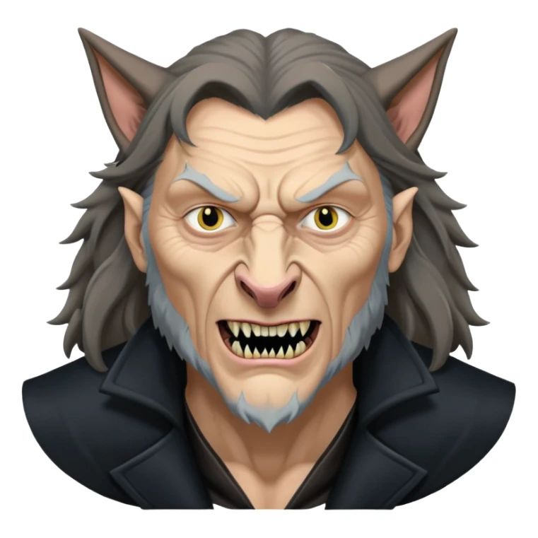 Fenrir Greyback in harry potter, black open chest coat, wolf face, pointed ear, bared teeth sticker