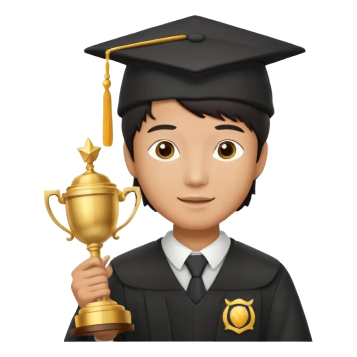 An asian man wearing student hat, holding a trophey sticker