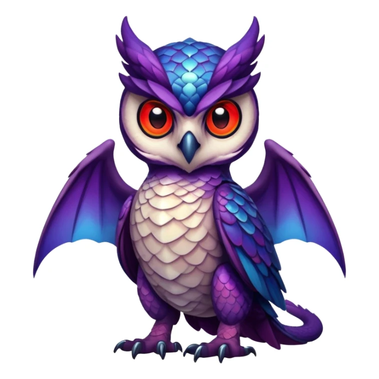 Owl dragon hybrid front facing full body dark purple and blue and red sticker
