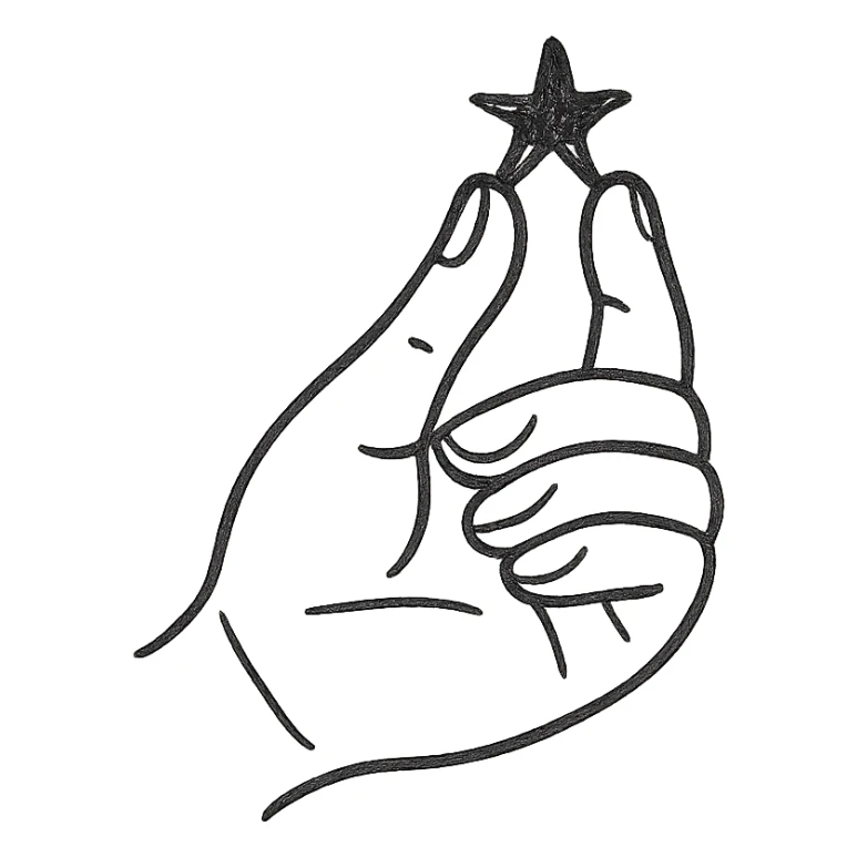 simple monochrome icon of a hand holding a tiny star, black outline, creative and minimal sticker