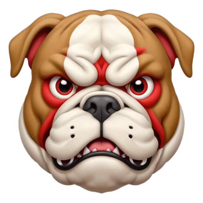 Create a fierce bulldog head emoji facing forward.
Strong jaw, deep wrinkles, and an intense scowl.
Small folded ears, sharp focused eyes, slight underbite with two visible fangs.
Style: modern esport mascot — clean lines, high contrast, intimidating but iconic.
Transparent background. sticker
