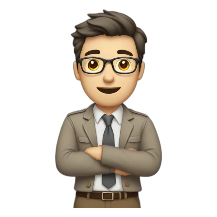 To belt Actively gesturing with hands 👌 Pale skinned fit man with dark brown hair in gray jacket, beige office shirt, brown tie, brown pants and vintage glasses. sticker