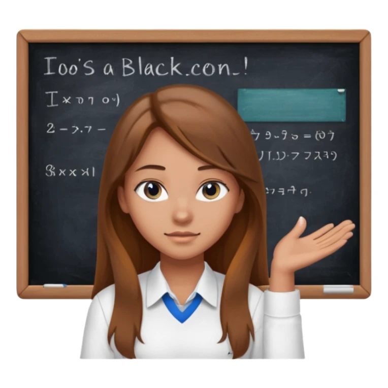 high school class room with a pretty female high school student with long brown hair, blue eyes sitting in front of the blackboard sticker