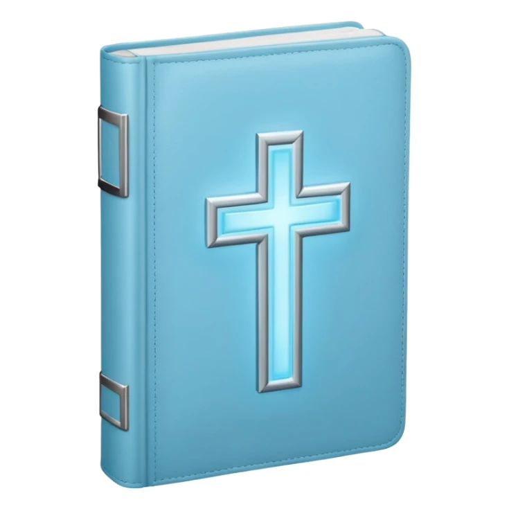 a emoji pastel baby blue bible with a silver cross glowing  sticker