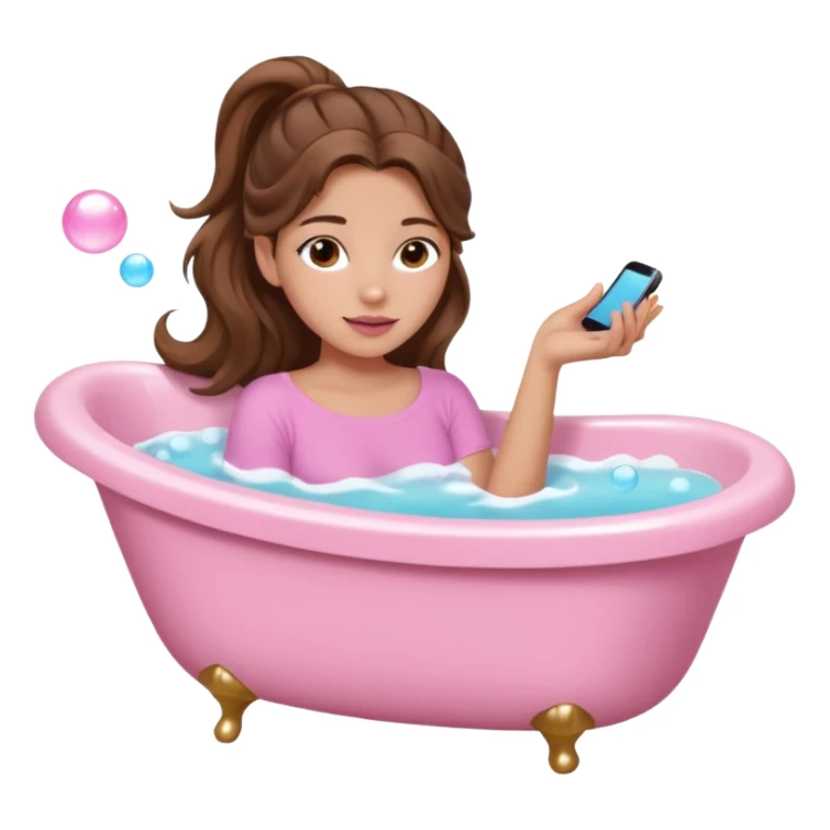 girl with wavy long ponytail brown hair, brown eyes, light to medium complexion, long lashes, light pink lipstick, wearing light pink shirt, lying full body in a white bathtub with bubbles sticker