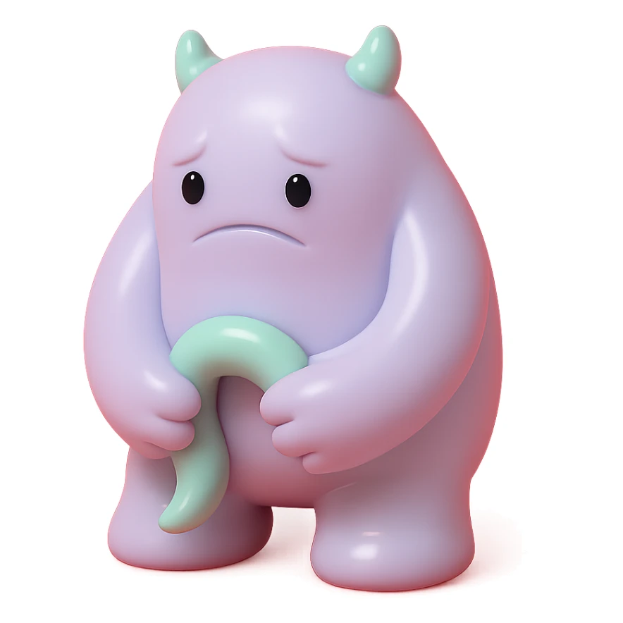 small monster with drooping shoulders, holding its own tail, gentle lighting, subtle colors, toy-like vinyl figure style sticker