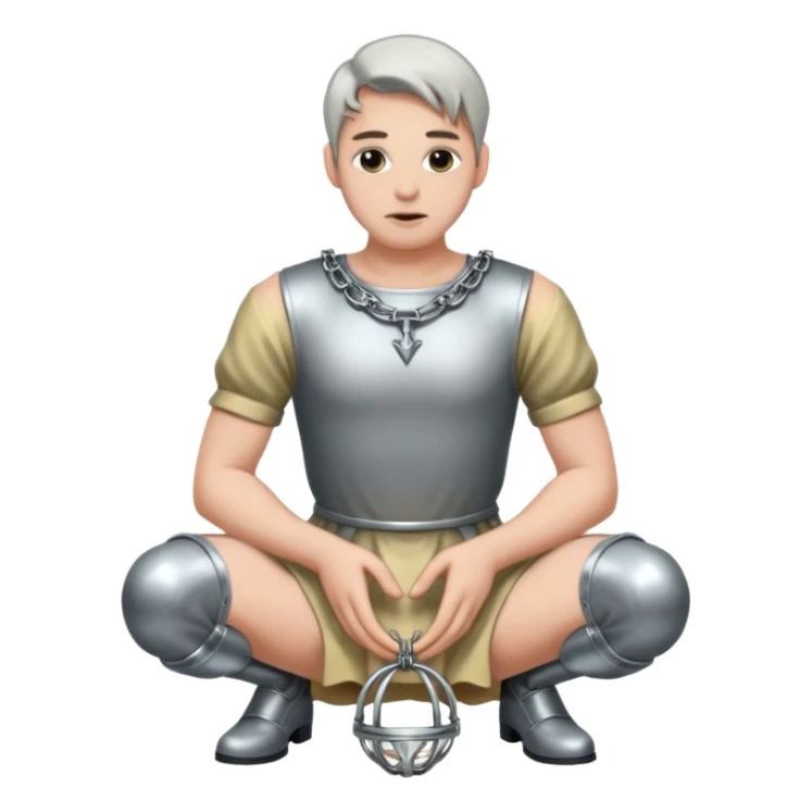 Submissive man on knees wearing female clothes and chastity sticker
