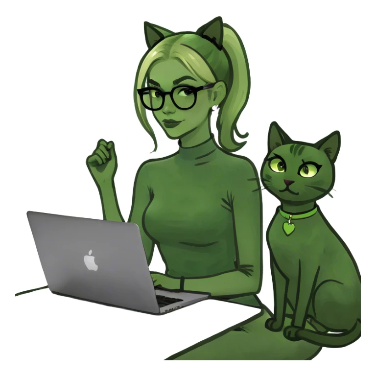 Blonde woman ponytail  with cat and MacBook  sticker
